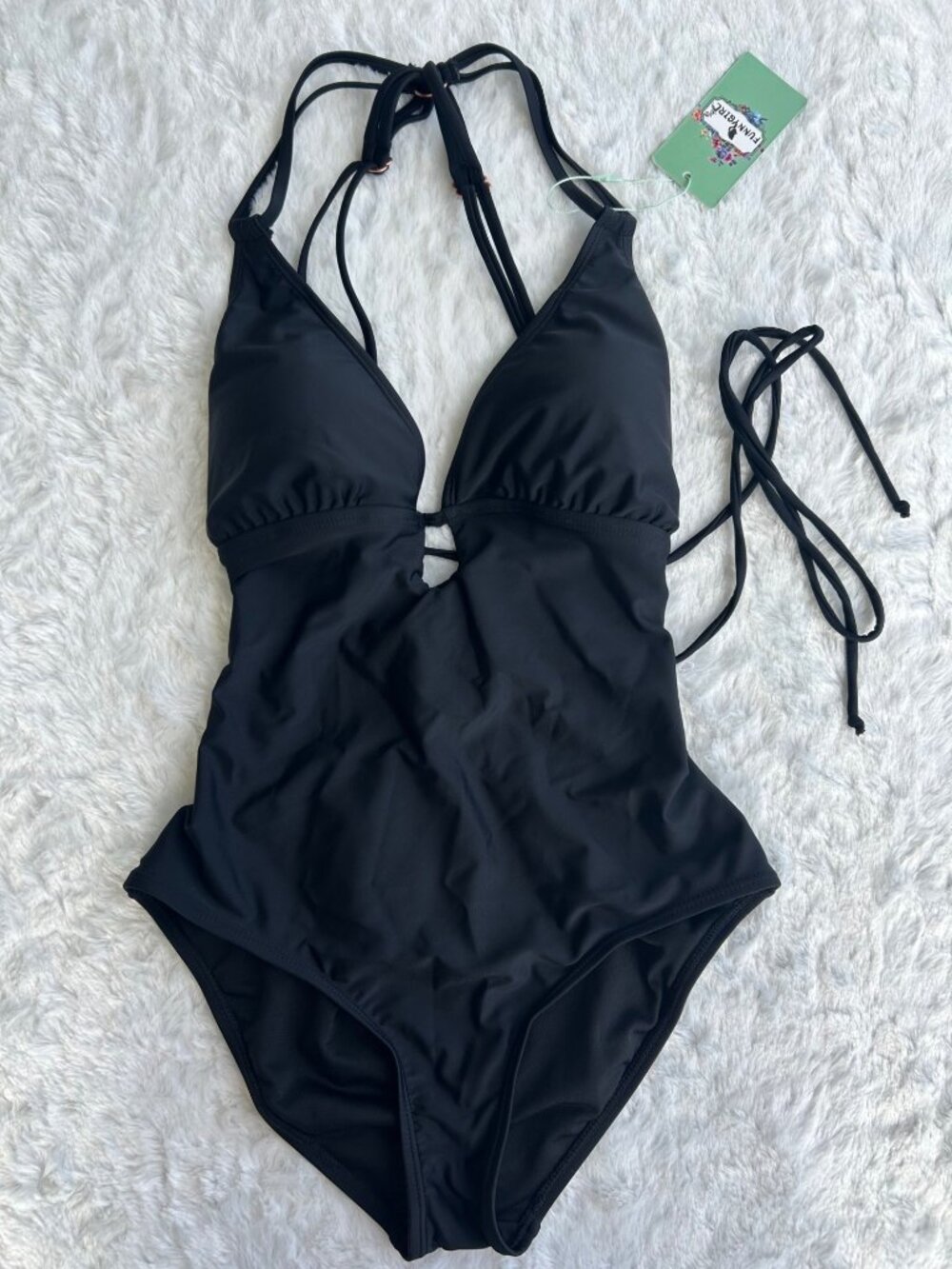 NWT Black One Piece Swimsuit Sexy Lace‎ Up Back Strappy Padded - Small